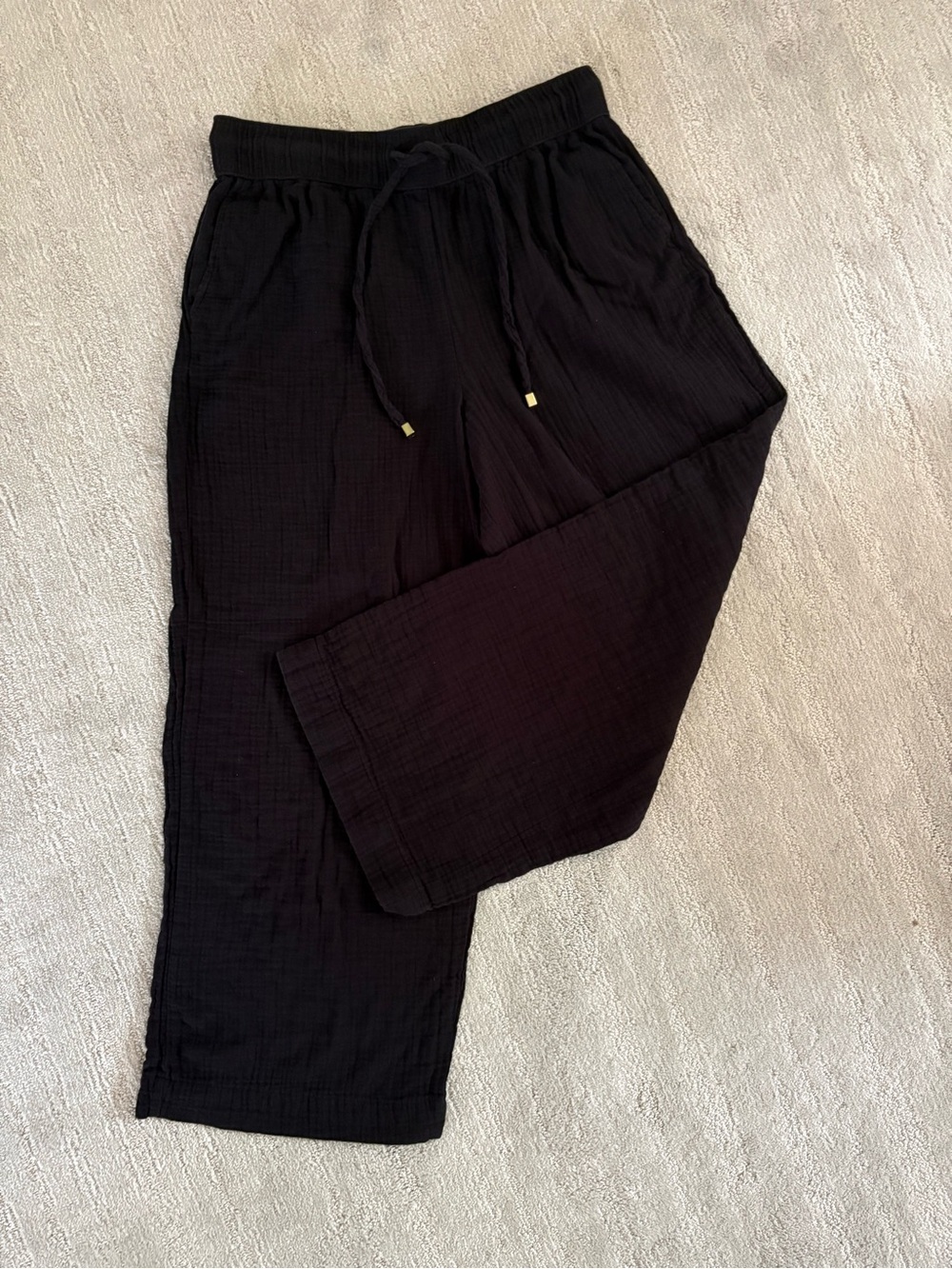 Tu Woman Black Double Gauze Wide Leg Crop Pants Drawstring Waist Size 14S Boho